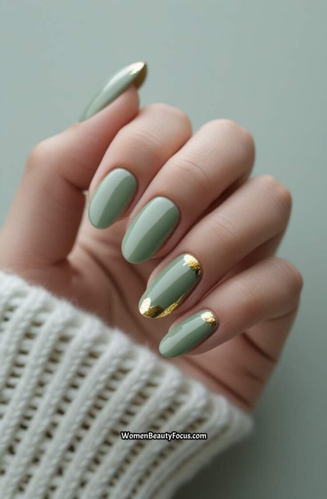 2. Glossy Sage Green Nails with Gold Foil 1