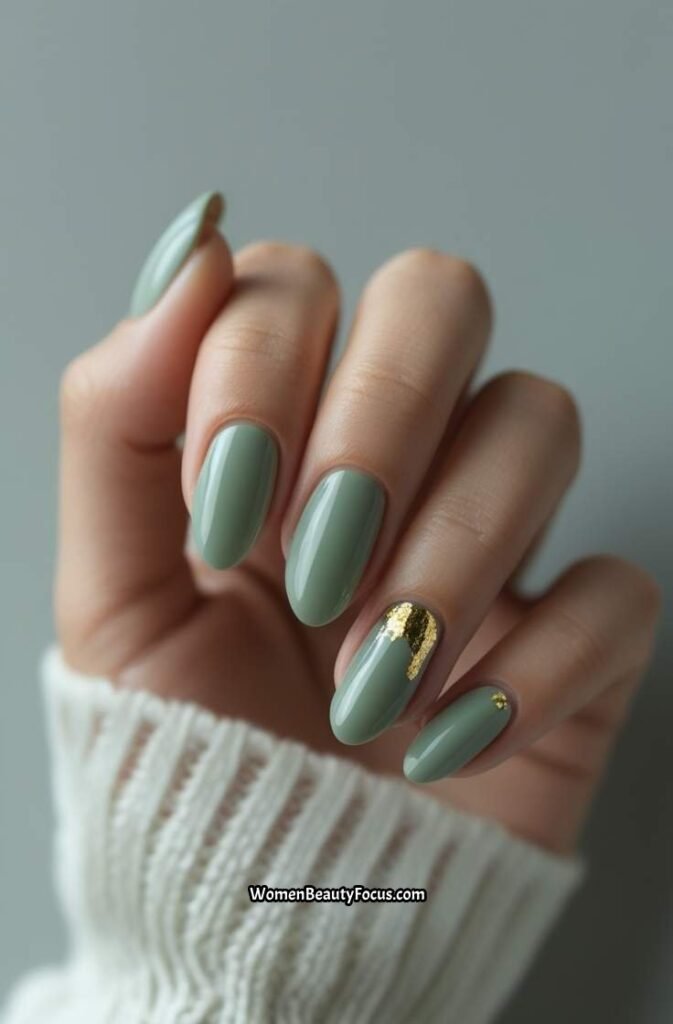 2. Glossy Sage Green Nails with Gold Foil