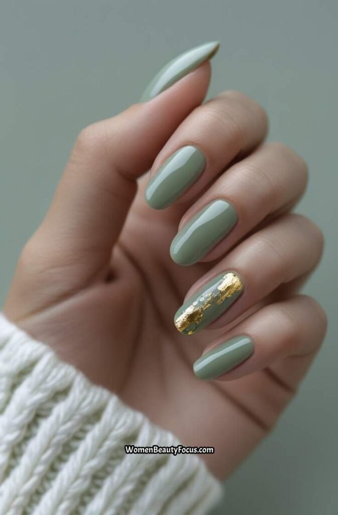 2. Glossy Sage Green Nails with Gold Foil Accents