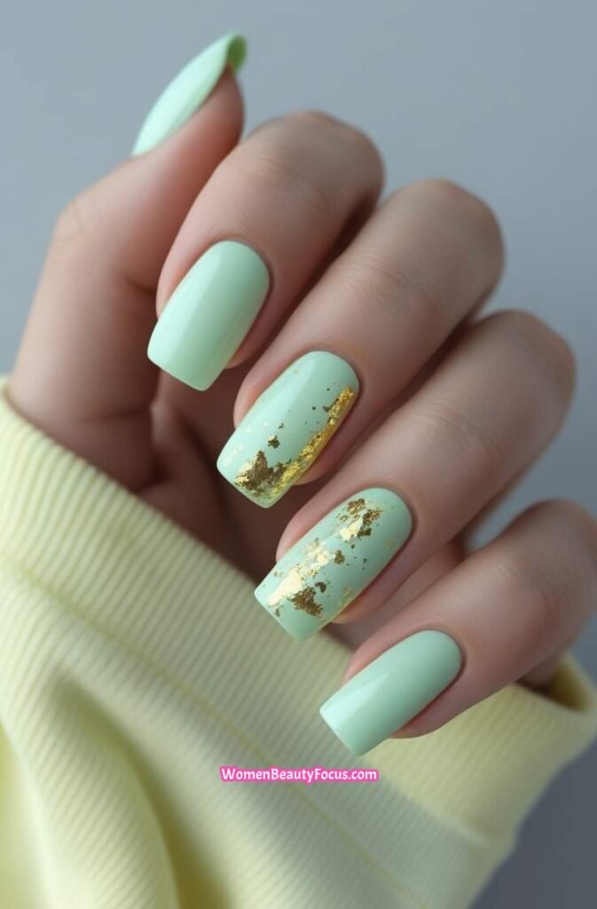 2. Mint Green Square Nails with Gold Flakes