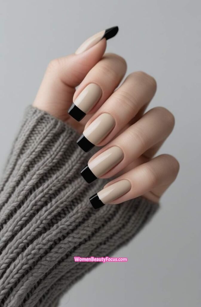 2. Neutral Beige and Black French Tips