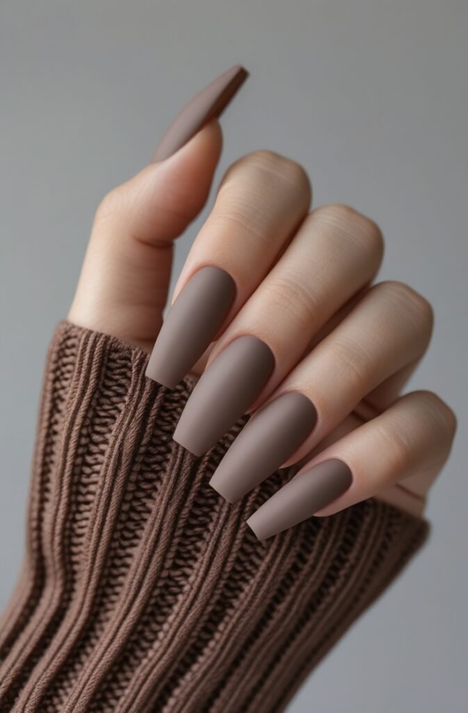 2. Neutral Taupe Coffin Nails with Matte Finish