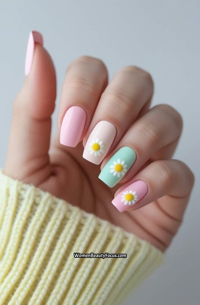 2. Pastel French Tips with Daisies