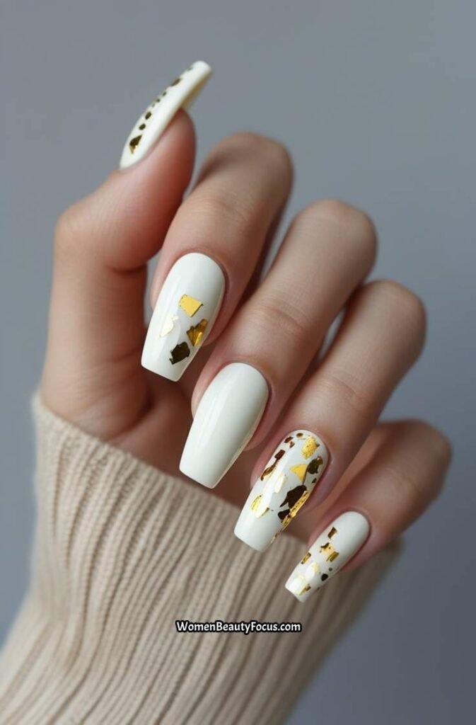 2. White Coffin Nails with Gold Foil Accents