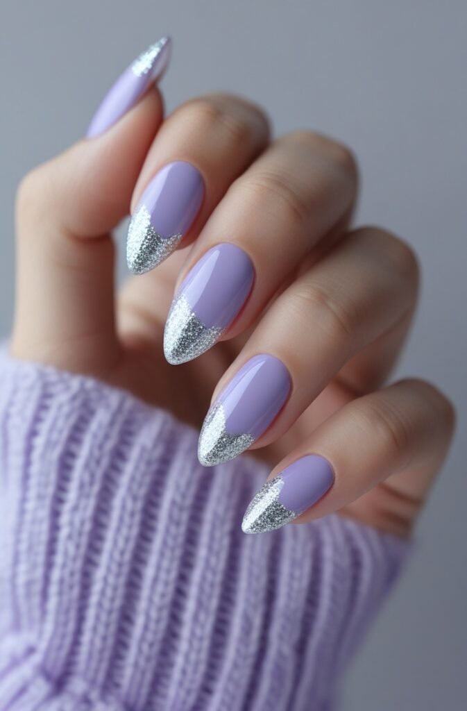 20. Almond Nails with Lavender and Silver Glitter