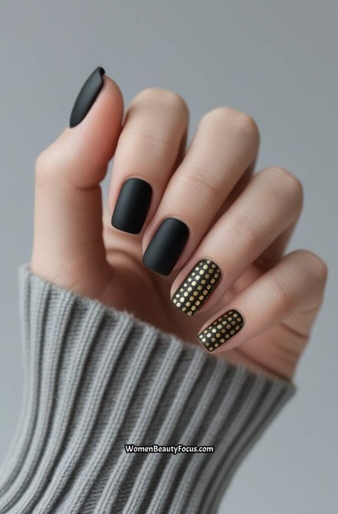 20. Black Nails with Gold Dot Grid