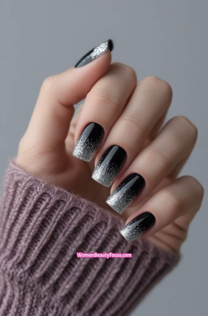 20. Black Nails with Silver Glitter Fade