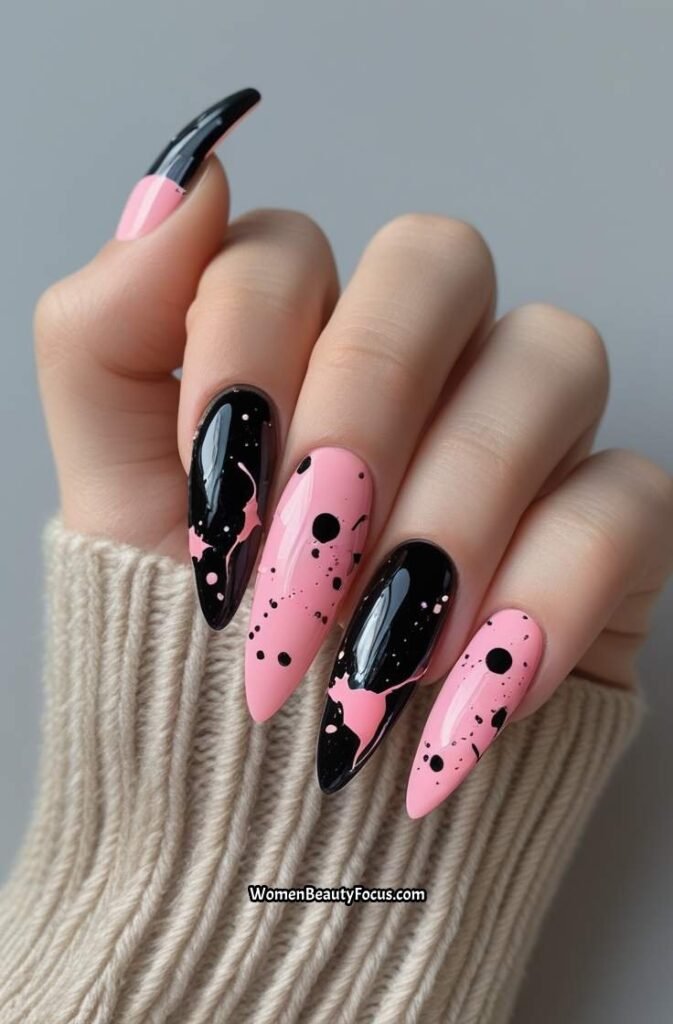 20. Black and Pink Abstract Art Nails