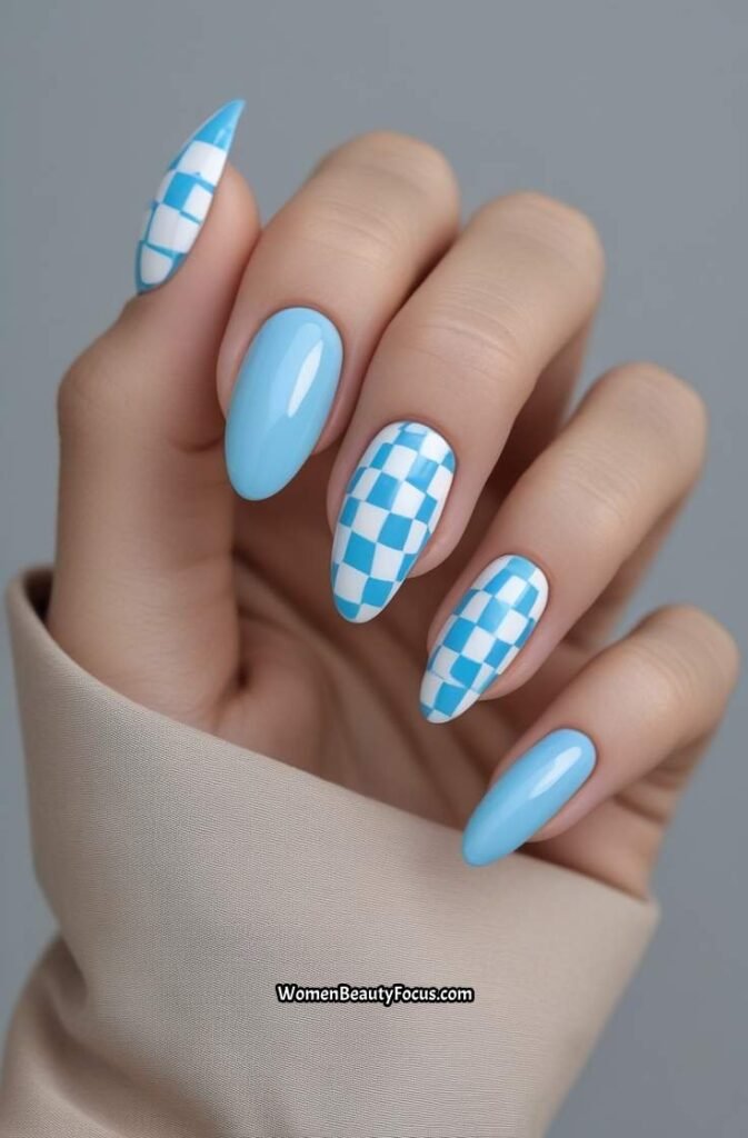 20. Blue Checkerboard Accent Nails