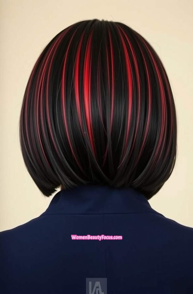 20. Blunt Black Bob with Red Highlights Back View