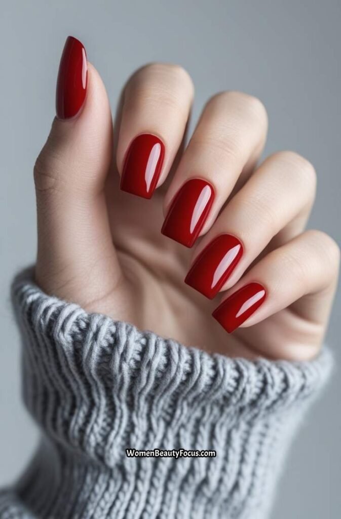 20. Bold Red Short Square Nails
