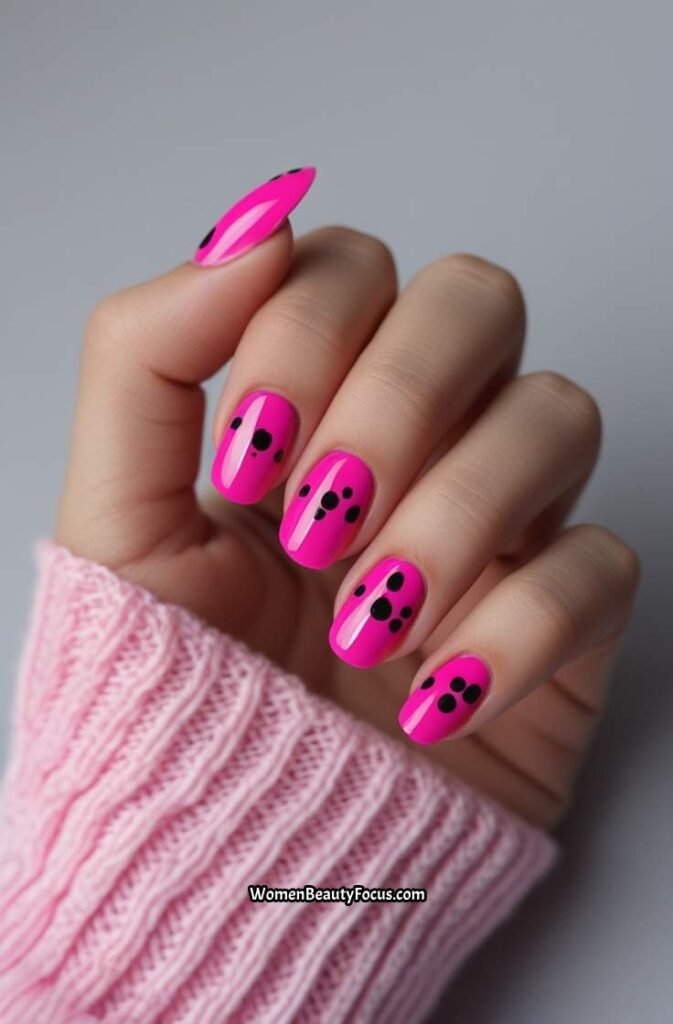 20. Bright Fuchsia Nails with Black Dots