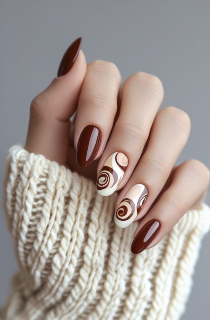 20. Cherry Brown Nails with Milky Swirls