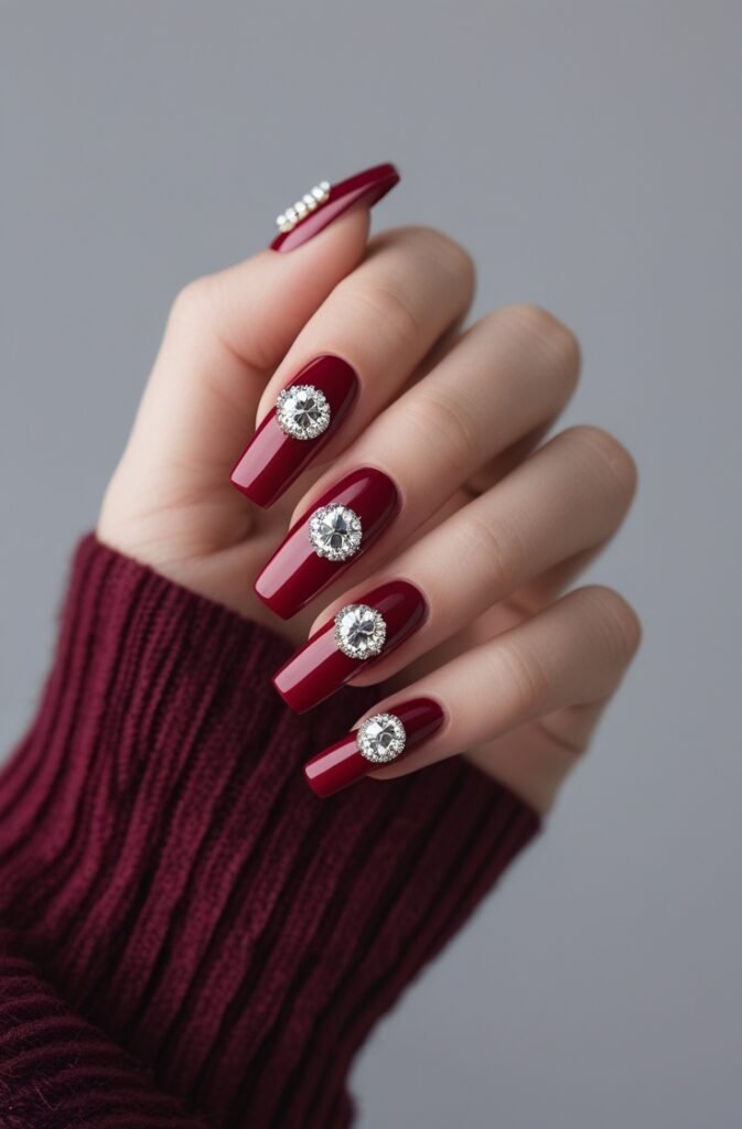20. Cherry Nails with Diamond Stud Accents