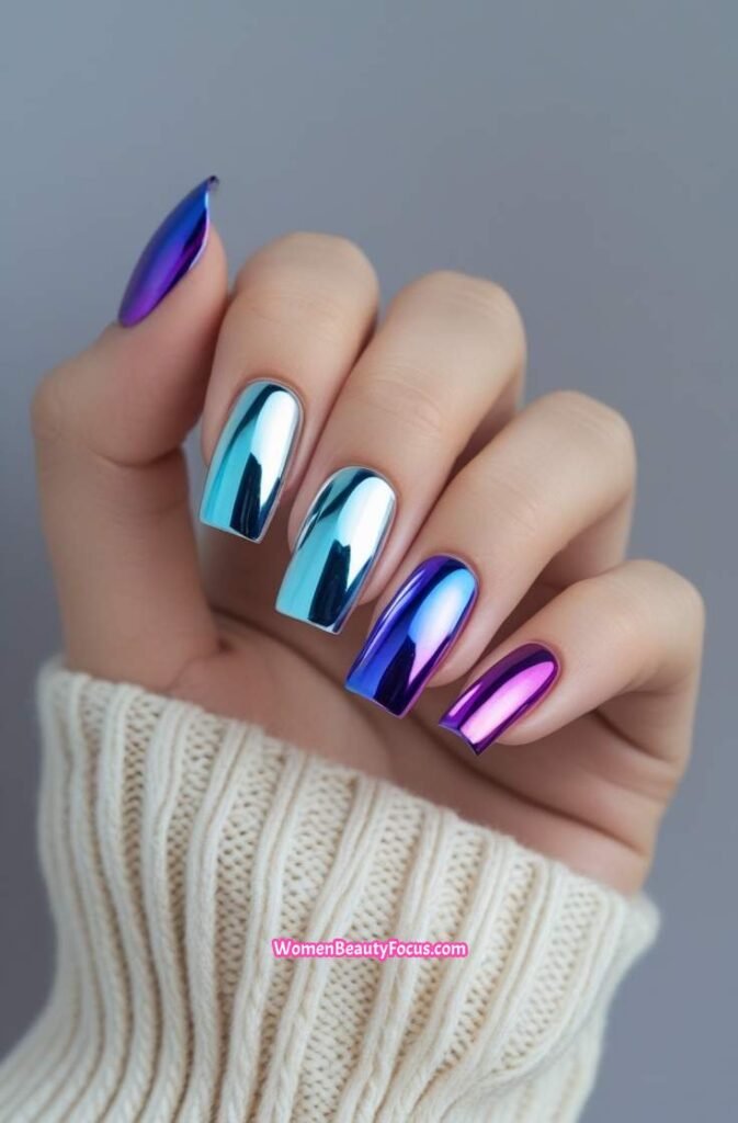20. Chrome Nails with Colorful Accents