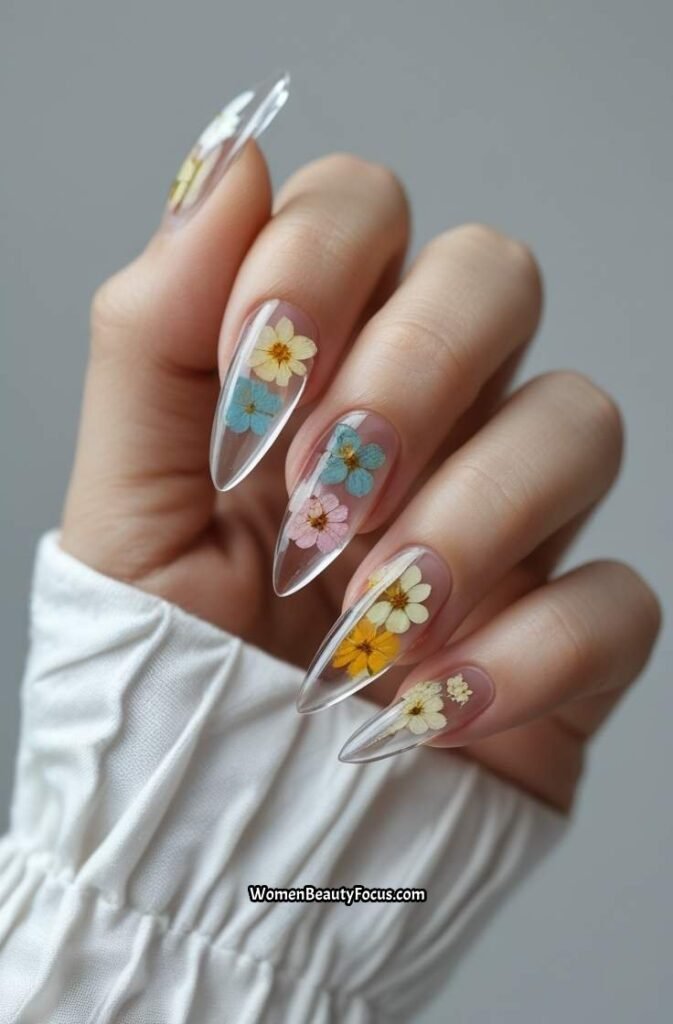 20. Clear Nails with Dried Flower Accents