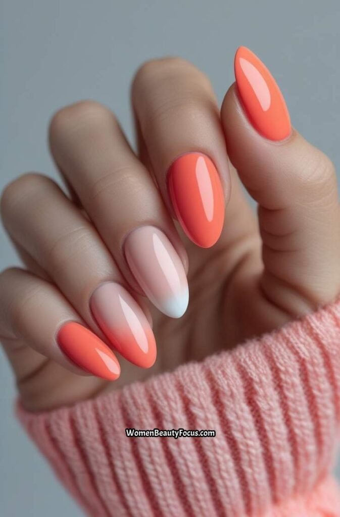 20. Coral Almond Nails with White Ombre