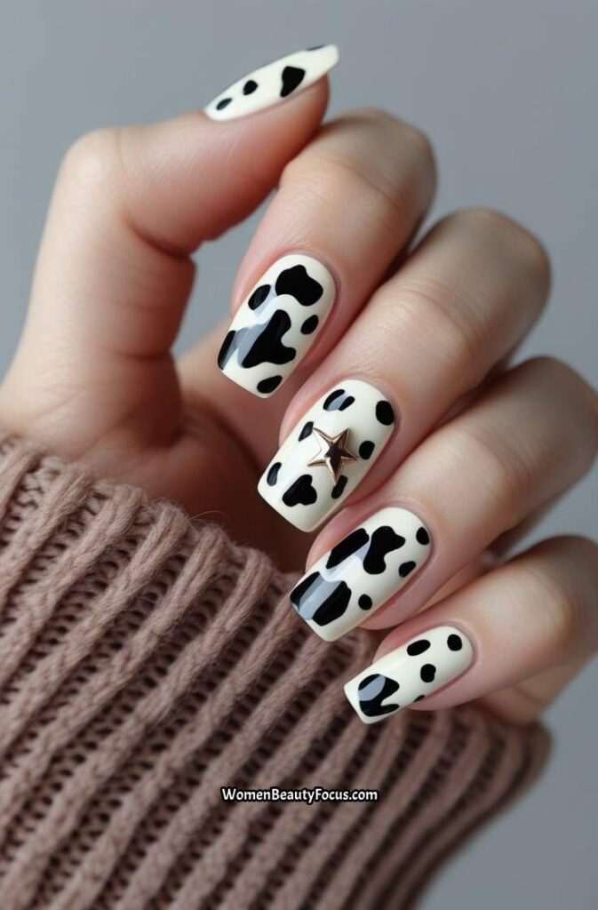 20. Cow Print Accent Summer Nails