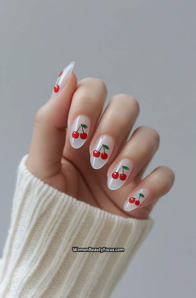 20. Floating Cherry Nail Art on Sheer Base