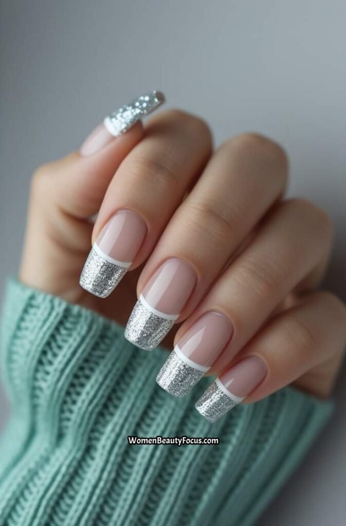 20. French Tips with Glittering Silver Tips