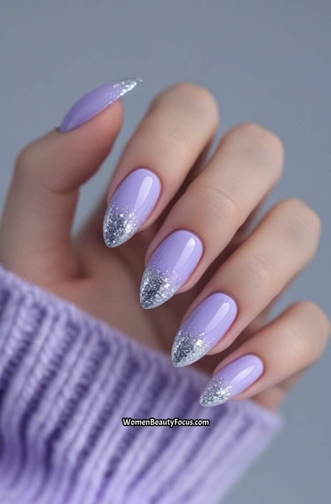 20. Frosty Lavender Almond Nails with Silver Glitter Dust