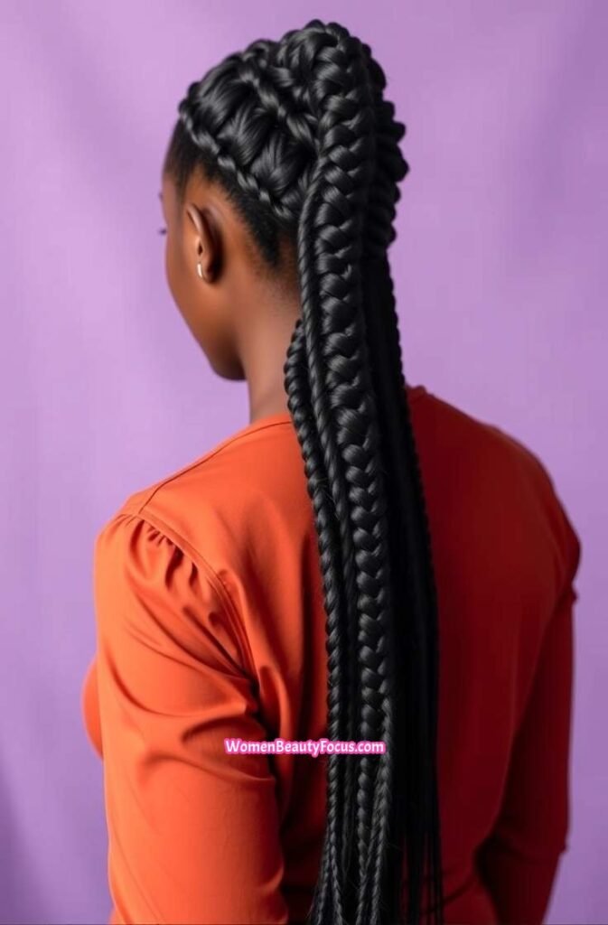 20. High Ponytail with Criss Cross Cornrow Detail Back View