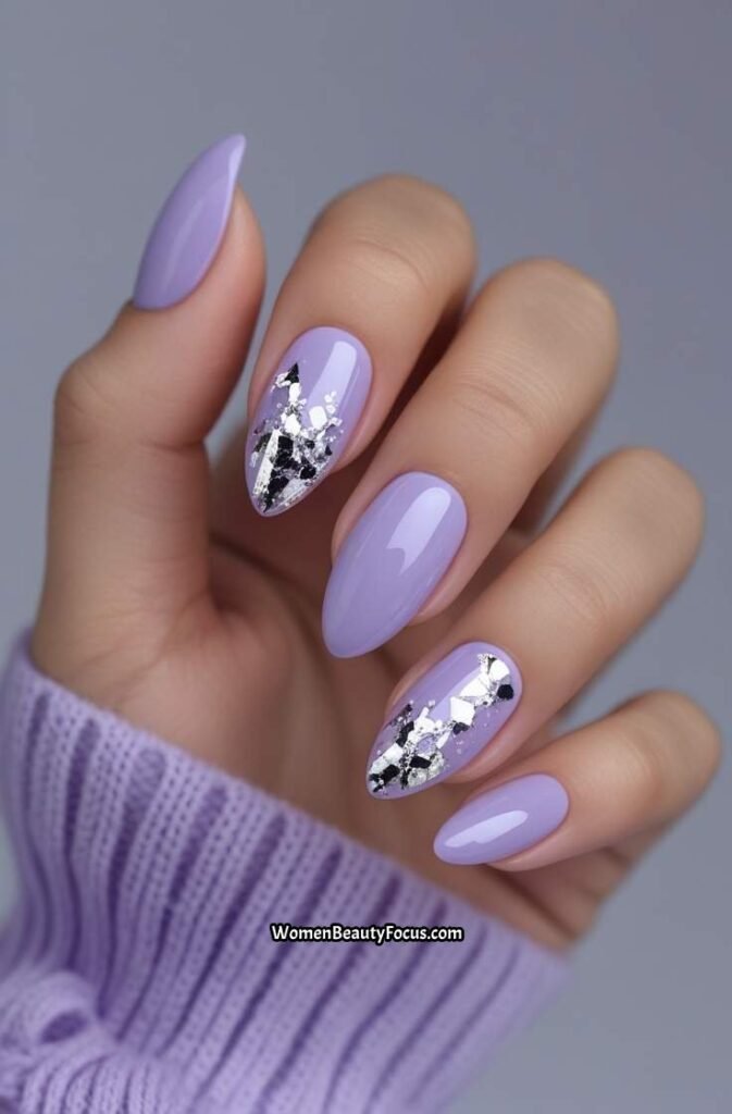 20. Icy Lilac Gel Nails with Silver Flakes