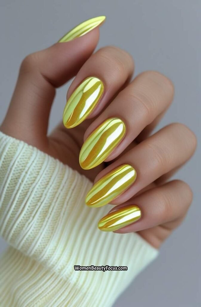 20. Lemon Yellow Nails with Chrome Finish