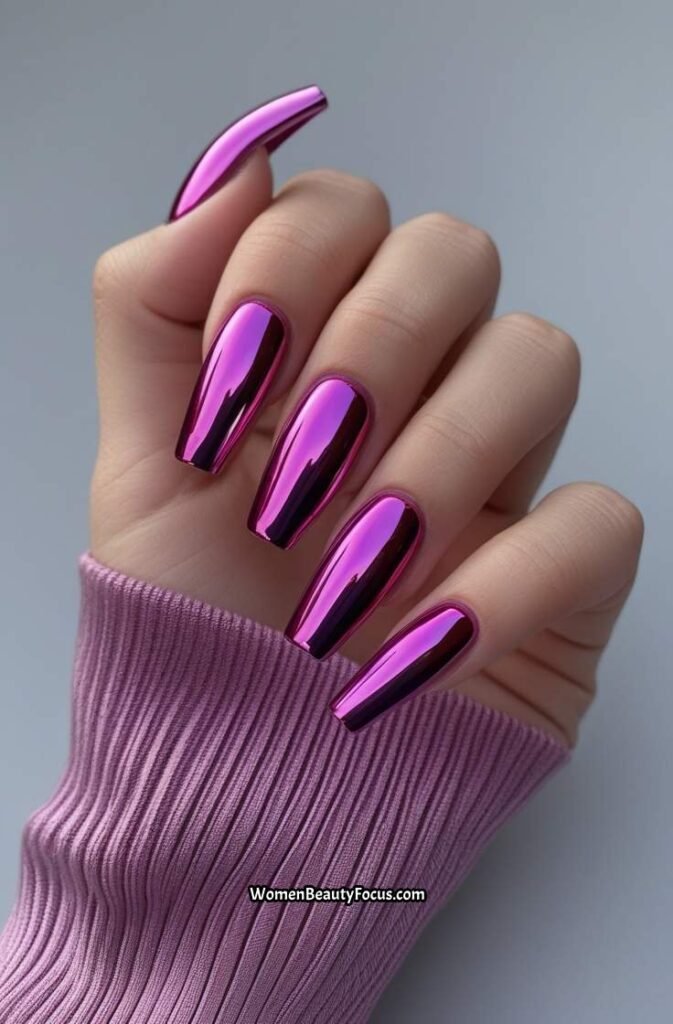 20. Magenta Coffin Nails with Chrome Finish