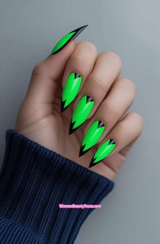 20. Neon Green Stiletto Nails with Black Detailing 19 IMGCentury