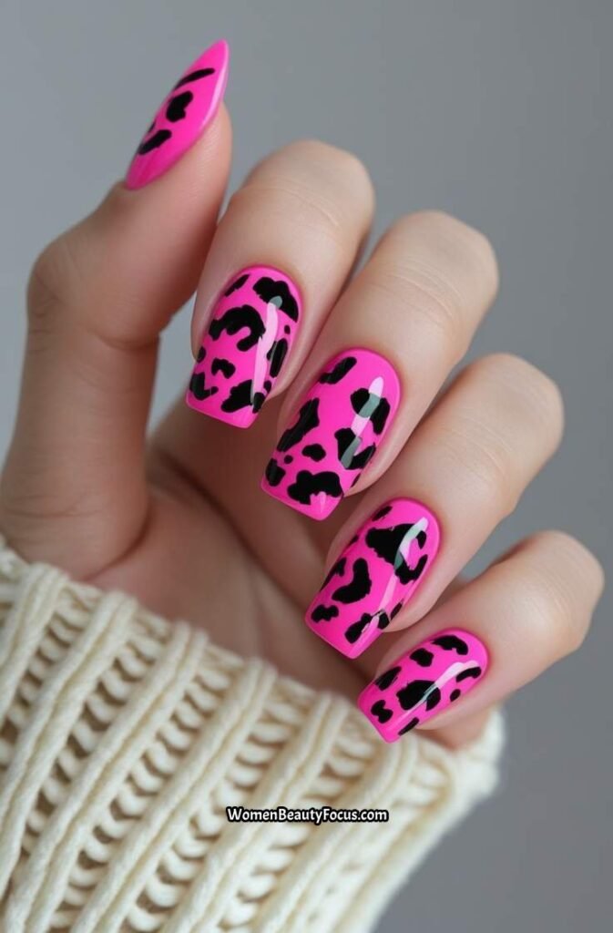 20. Neon Pink Animal Print Nails