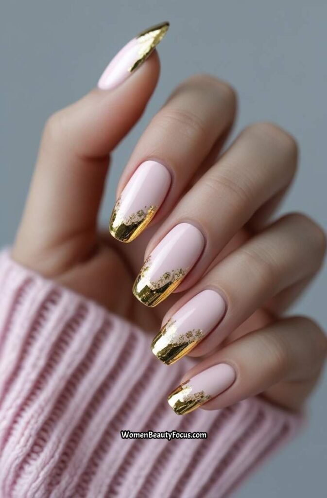 20. Pale Pink with Gold Foil Nails