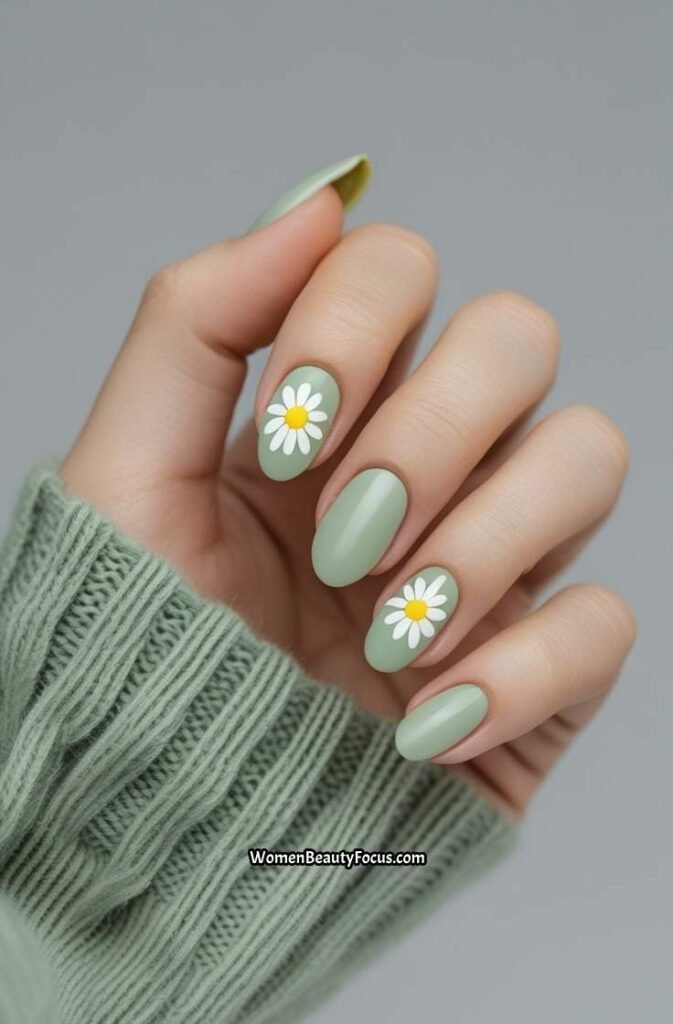 20. Pastel Green Nails with Daisy Chain Art