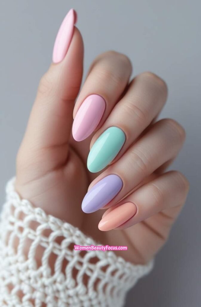 20. Pastel Rainbow Nails on Oval Tips