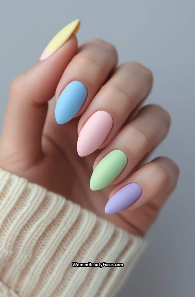 20. Pastel Rainbow Nails with Matte Finish
