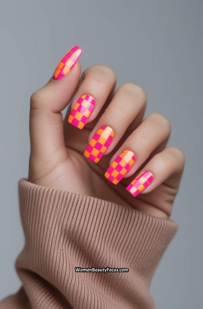 20. Pink and Orange Checkerboard Nails
