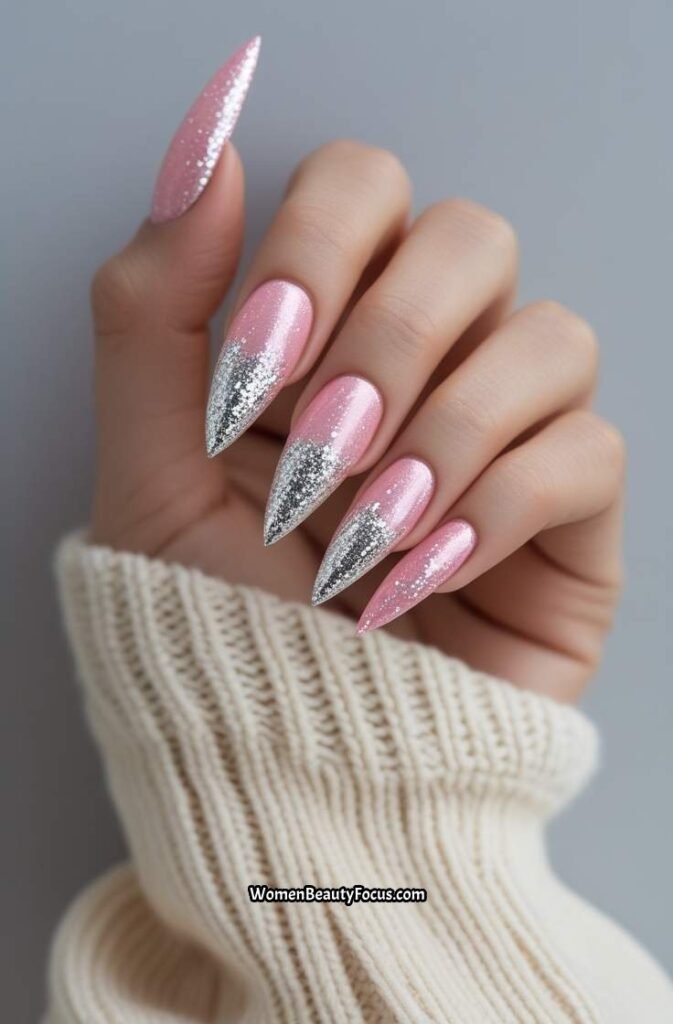 20. Pink and Silver Glitter Stiletto Nails