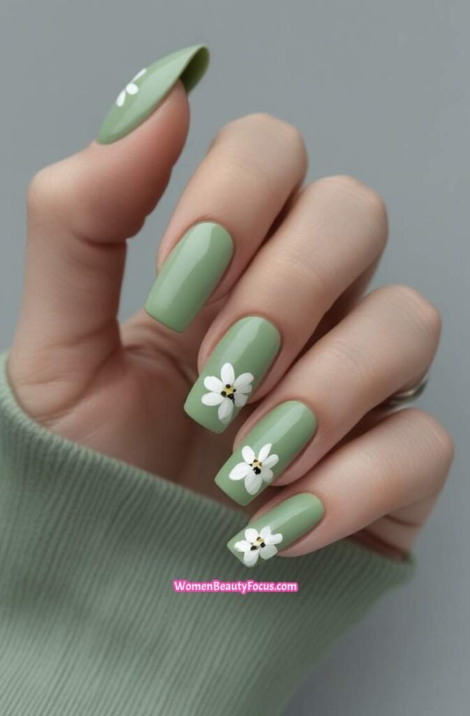20. Pistachio and White Floral Nail Art