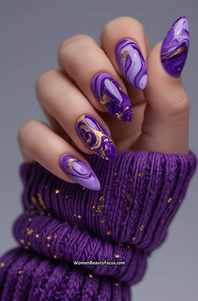 20. Purple Marble Nails with Gold Flecks