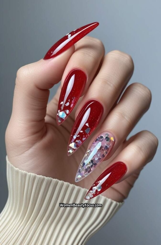 20. Red Glass Nails with Crystal Flakes