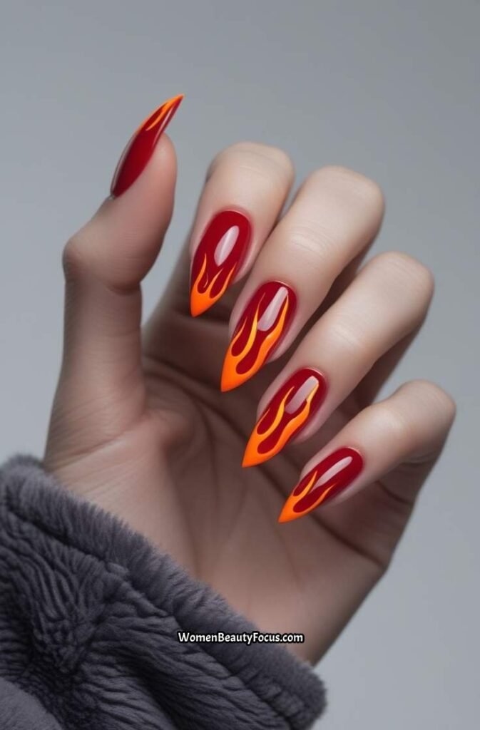 20. Red Nails with Orange Flame Art