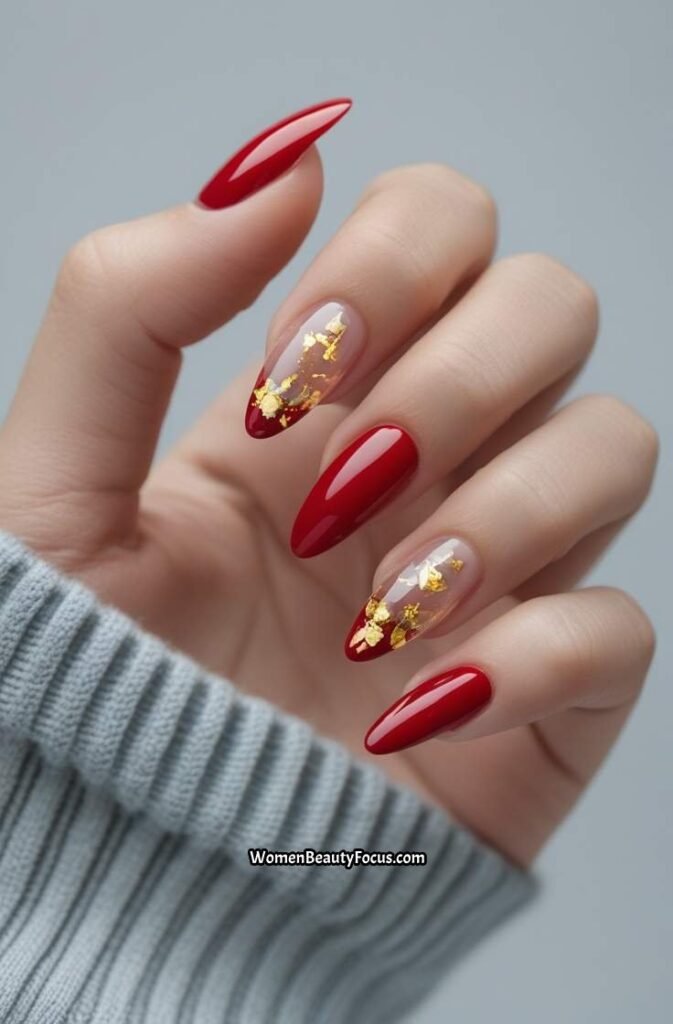 20. Red and Clear Tips with Gold Flakes
