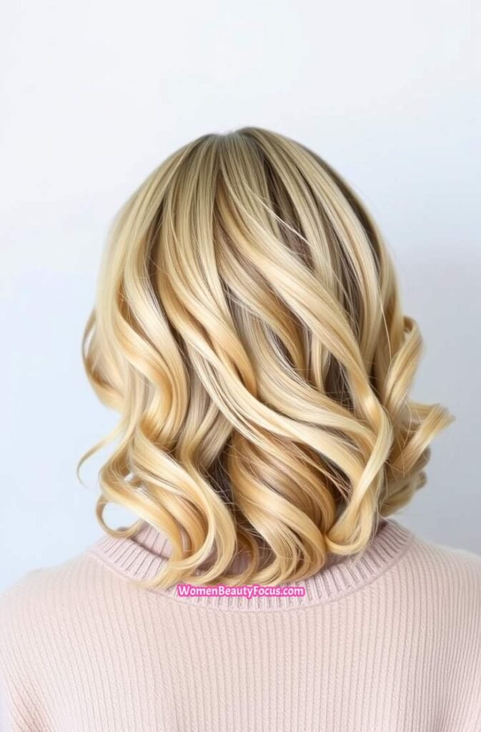 20. Rooted Blonde with Flowing Beach Waves Back View