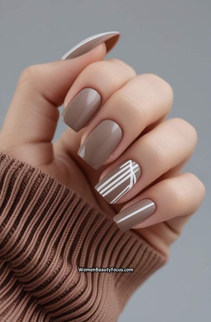 20. Short Acrylic Nails with Taupe and White Geometric Lines