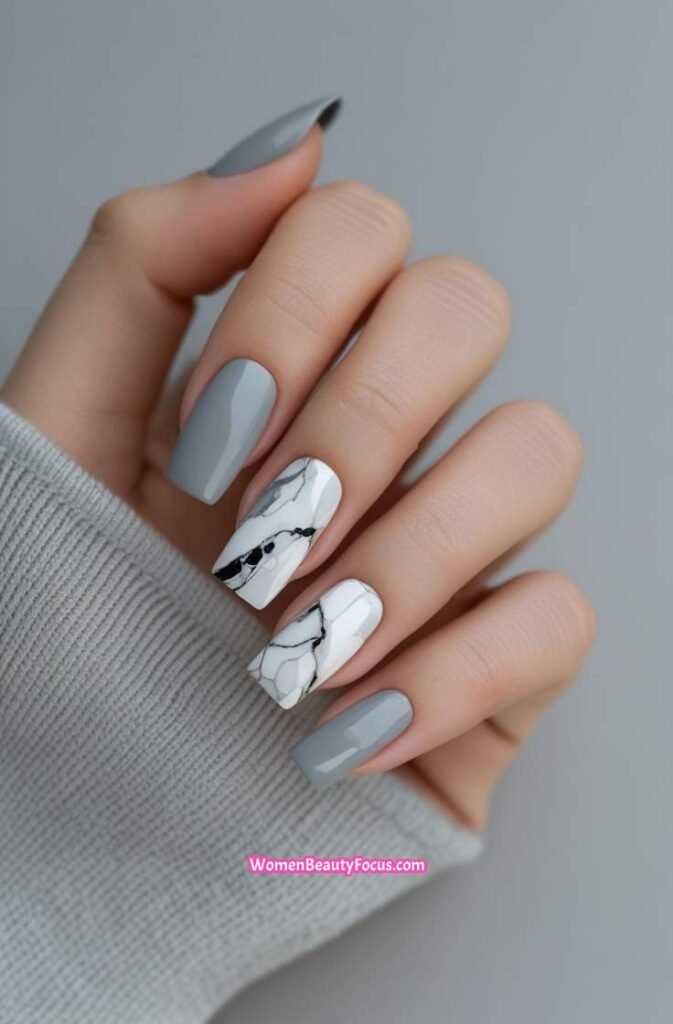 20. Soft Grey Square Nails with Marble Accents