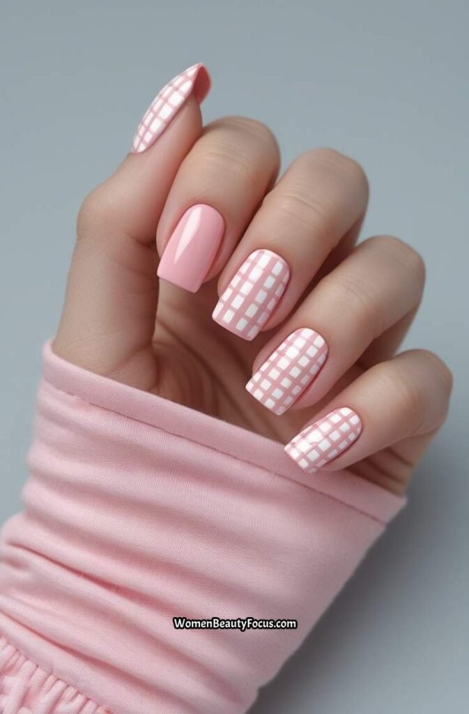 20. Soft Pink Nails with White Checkered Design