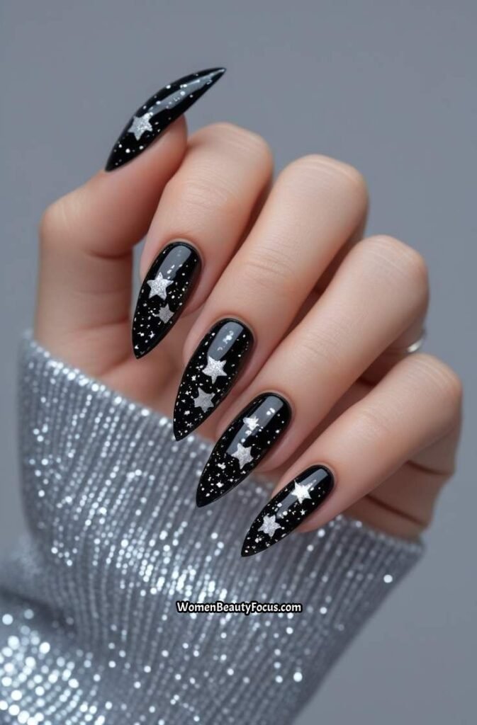 20. Starry Night Black Nails with Glitter