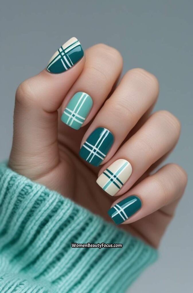 20. Teal and Cream Plaid Nails
