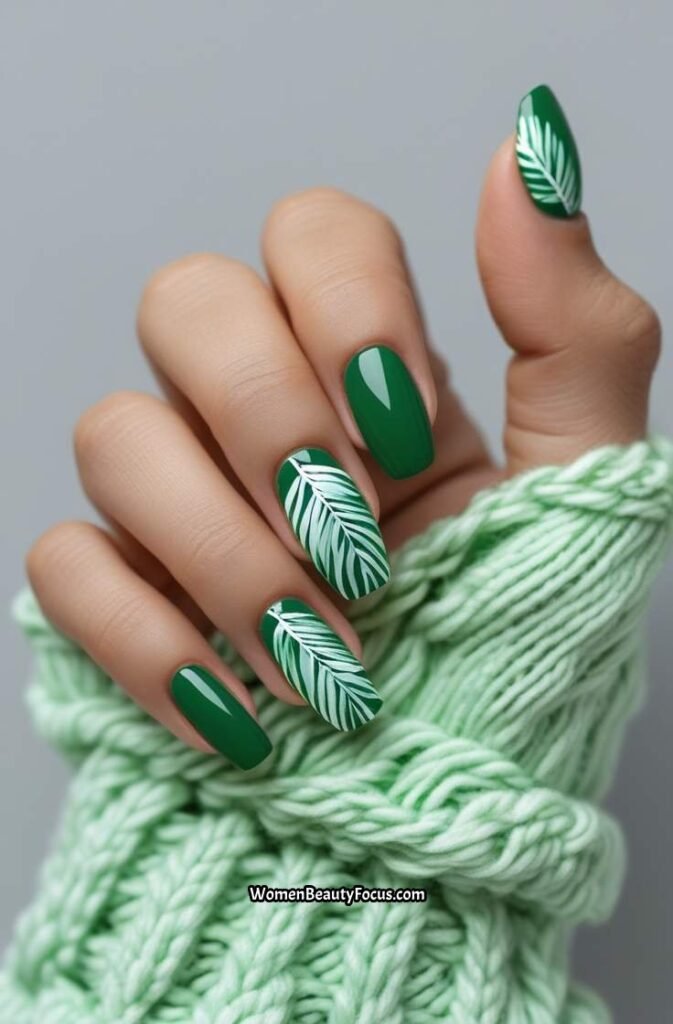 20. Tropical Green Nails with Palm Leaf Accents