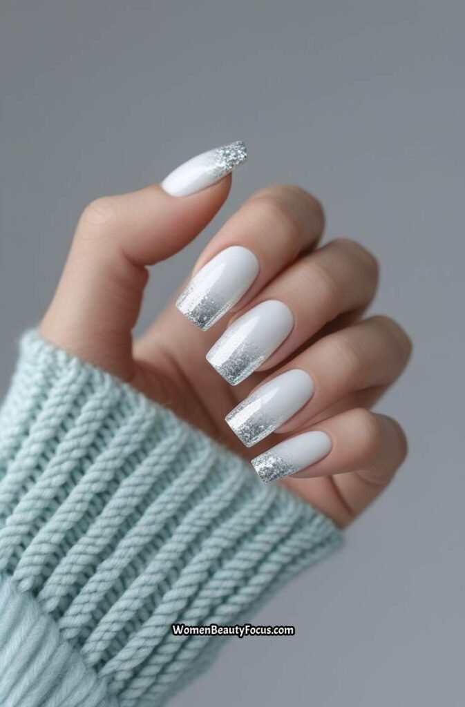 20. White Nails with Silver Glitter Fade